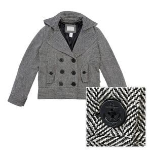Y2K DELIAS Wool Double Breasted Peacoat Women M Black Herringbone Preppy 00s